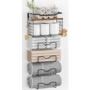 Towel Racks for Bathroom,Towel Rack Wall Mounted, 6 Tier Rolled Or Folded Towel Holder with Floating Shelves, Bathroom Towel Holder for Bath, Hand Towels,Metal and Wood (J-type Black Rack, Vintage Brown Plank)