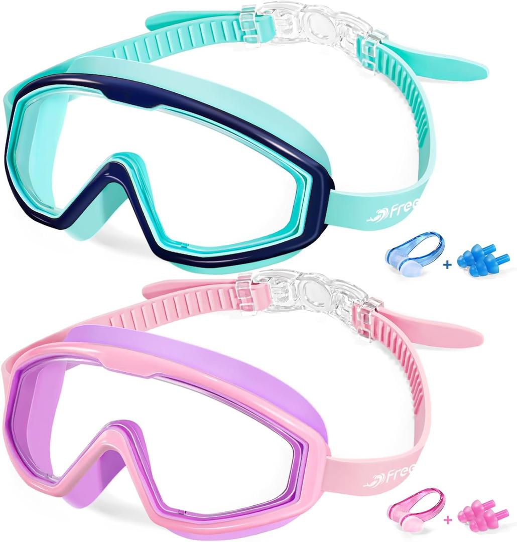 Freela Goggles for Kids Toddler 3-15, Anti Fog No Leak Clear Swim Goggles for Boys Girls Pool Beach Swimming (1.cyan & Pink)