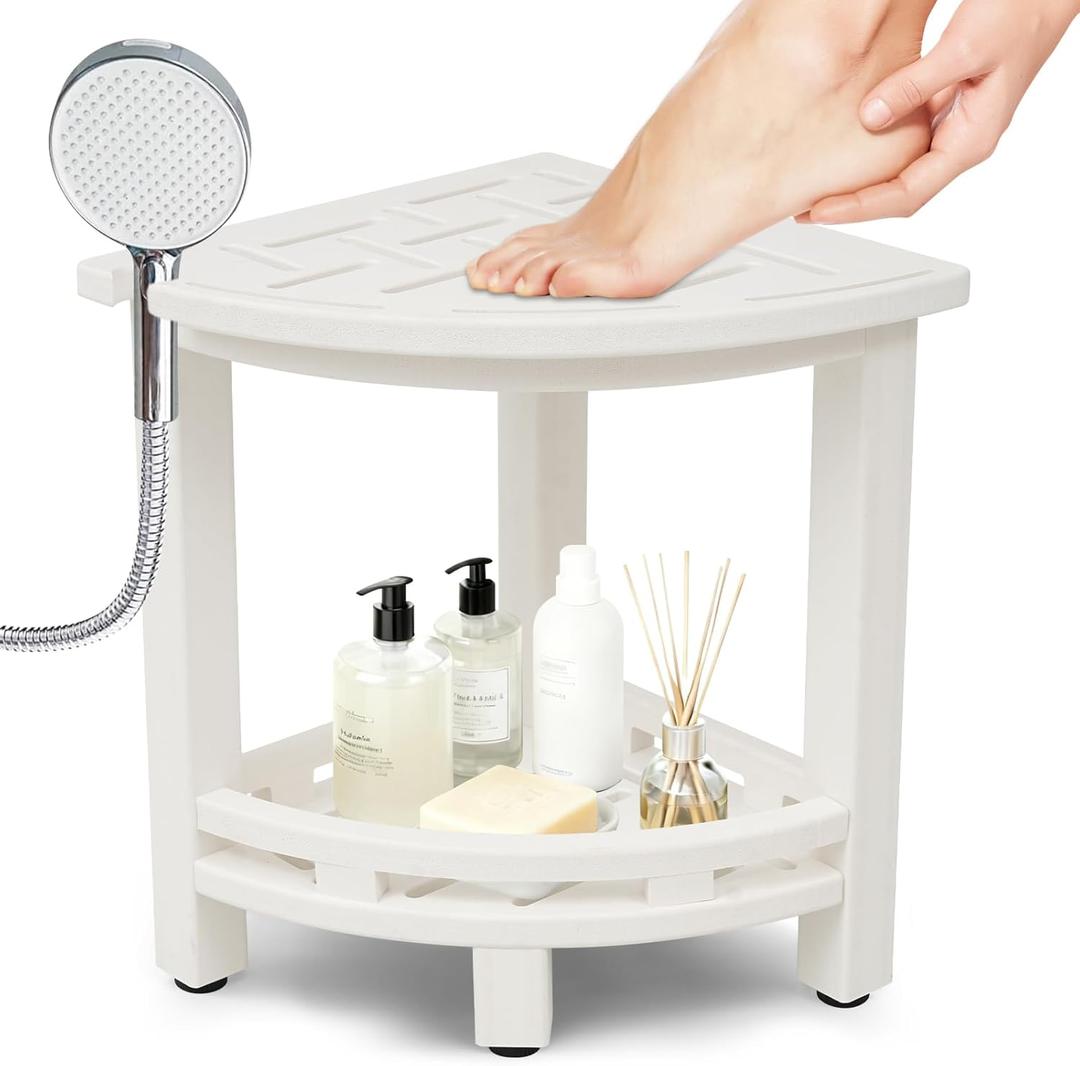 KALUMOON Corner Shower Stool, HDPE Waterproof Shower Bench for Inside Shower, Small Shower Chair Seat for Shaving Legs with Storage Shelf, Shower Head Holder, Adjustable Feet (White)