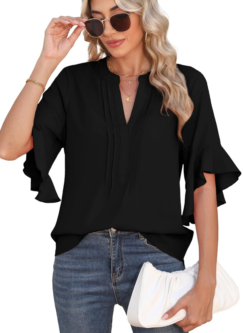 Womens Business Casual Tops Summer V Neck 3/4 Ruffle Sleeve T Shirts Dressy Casual Tunic Blouse, M
