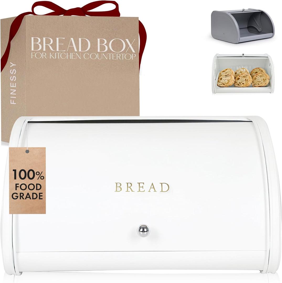 Modern Metal White Bread Box for Kitchen Countertop for Homemade Loaf Sourdough, Roll Top Breadbox for Kitchen Countertop Storage Container Bin, Farmhouse Stainless Steel Bread Keeper for Counters (Luxe White)