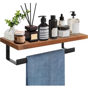 Hand Towel Holder/Towel Ring with Wooden Shelf, Hand Towel Rack, Hand Towel Hanger for Bathroom, Bath Accessories Wall Mounted, Matte Black (12"-Squ Shaped)