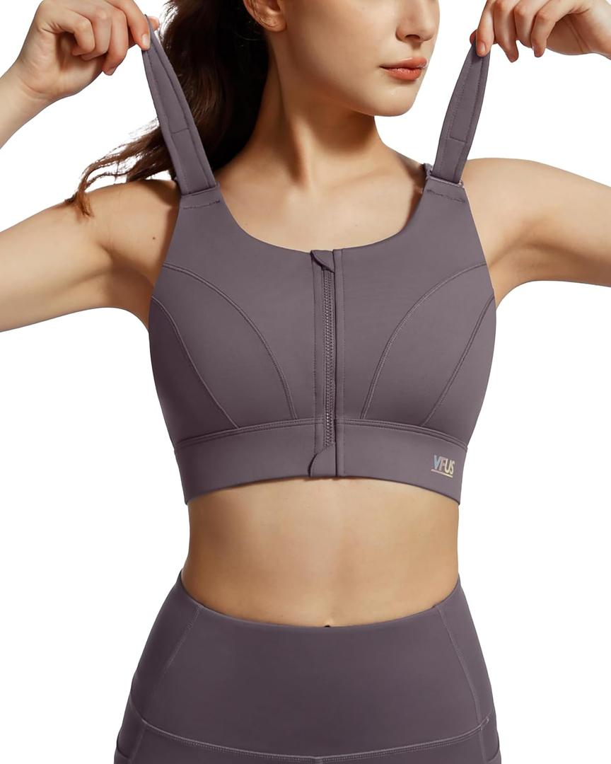 Adjustable High Impact Sports Bras for Women Zip Front Full Coverage and Lift Padded Compression Tops (Purple, XL)
