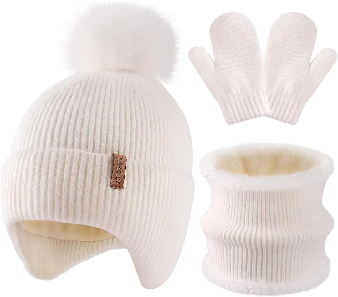 HONGTEYA Toddler Winter Hat Gloves Scarf Set, Kids Baby Beanie Hat Neck Warmer Mittens Fleece Lined Set (6-24 Months, White)