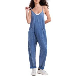 EXLURA Womens Casual Summer Jumpsuits 2025 Romper Bib Outfits Beach Vacation Denim Trendy Fashion Overalls with Pockets (Blue, L)