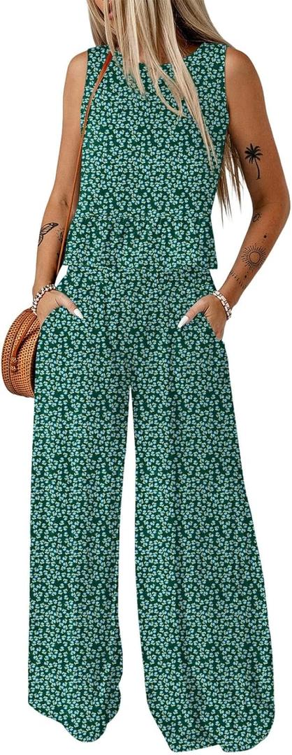 Dokotoo Pants Sets Women 2 Piece Outfits Sleeveless Round Neck Tank Tops Matching Sets for Women Elastic Waist Wide Leg (Blue, L)