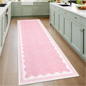 GarveeHome 2x6 Runner Rug for Hallway Washable Kitchen Rugs Non Slip Solid Pink Modern Minimalism Soft Low-Pile Scalloped Indoor Carpet for Entryway Laundry Room Floor Mats with Rubber Back, Pink, 2' x 6' (Rectangular)