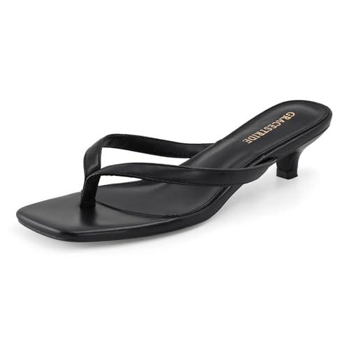 GRACESTRIDE Women’s Flip-Flops Kitten Heels Thong Sandals For Women Square Toe Slip On Fashion Summer Dress Sandals(8,Black)