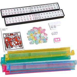 American Mahjong Tile Set,166 White Tiles Mahjong Set,4 Colors Mahjong Racks,Travel Mahjong Set