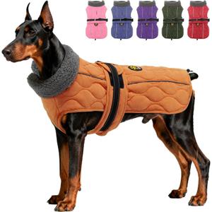 Dog Winter Coat, Adjustable Quilted Dog Snow Jacket with Fleece Lining, Water Resistant Pet Apparel for Cold Weather, Warm Large Doggie Coat with Leash Hole and Reflective Strip, NewOrange Large