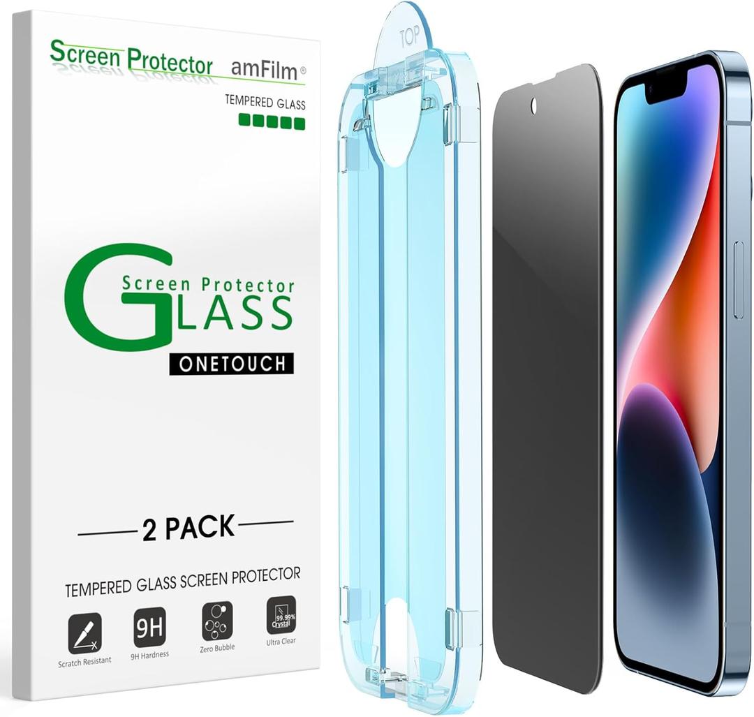 amFilm Auto-Alignment OneTouch for iPhone 16e/14/13/13 Pro [6.1''] privacy Screen Protector,Tempered Glass, 30 seconds Installation, Bubble Free, Case Friendly, Anti-Scratch [2Pack]
