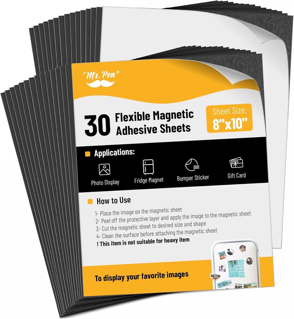 Mr. Pen- Flexible Magnetic Sheets with Adhesive Backing, 8" x 10", 30 Pack, Magnet Sheets with Adhesive