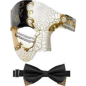 IncreDecor Masquerade Mask for Men Phantom of The Opera Half Face Mask with Bowtie, Venetian Masks for Halloween Party (Black)