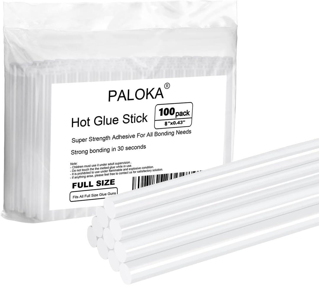 Hot Glue Sticks, Full Size, 8" Long x .43" Diameter, Clear, 100 Sticks, PALOKA