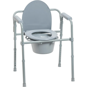 Drive Medical 11148-1 Folding Steel Bedside Commode Chair, Portable Toilet, Supports Individuals Weighing Up To 350 Lbs, with 7.5 Qt. Bucket and 13.5 Inch Seat, Grey