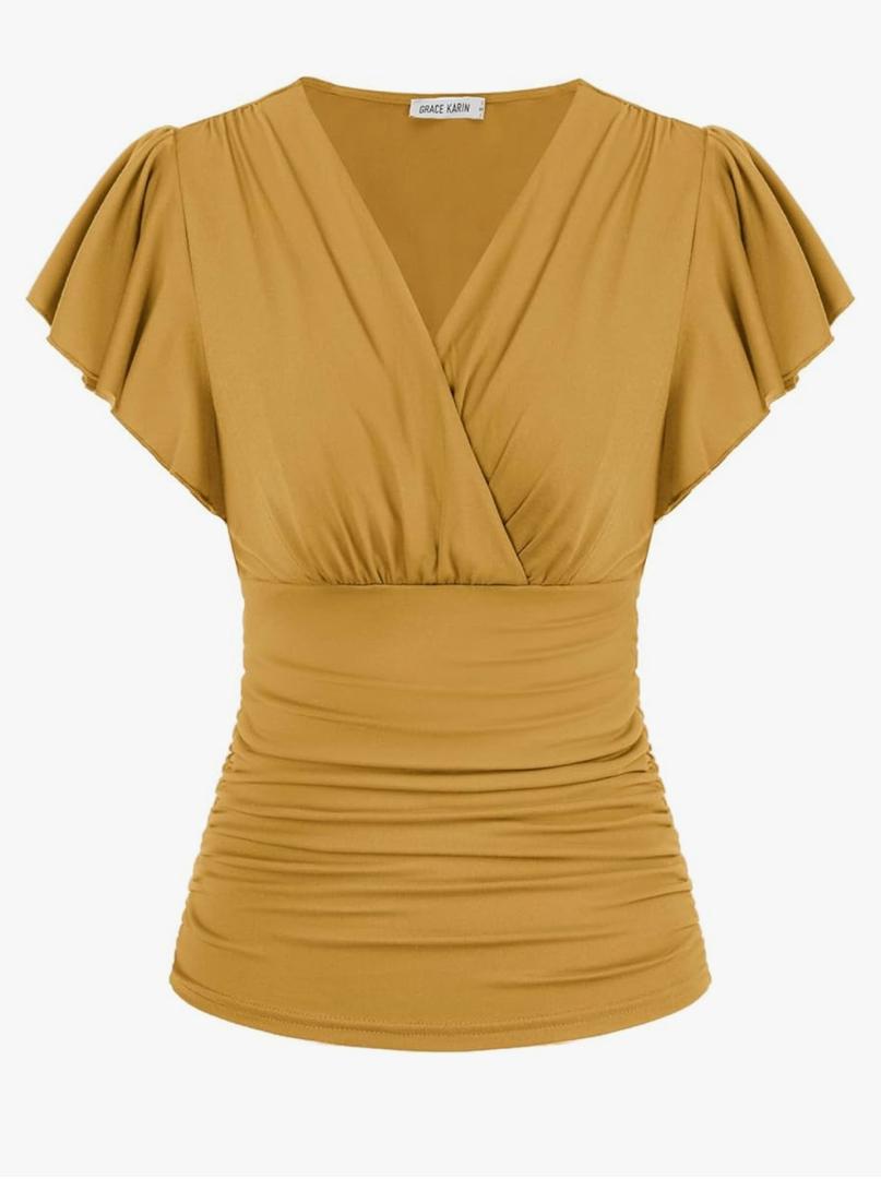 GRACE KARIN 2025 Womens Tops Summer Wrap Blouse V Neck Ruffle Sleeve Dressy Casual Top Ruched Trendy Clothes, Mustard Yellow, M