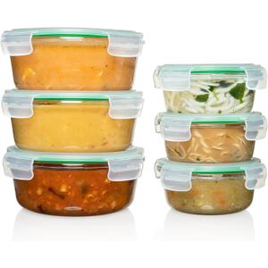 Fusion Gourmet Round Glass Storage Containers with Lids [6 pack] Microwave Safe, Leak-proof, Dishwasher Safe, Oven Safe for Meal Prep Tupperware Set (3 Large + 3 Small, Green)