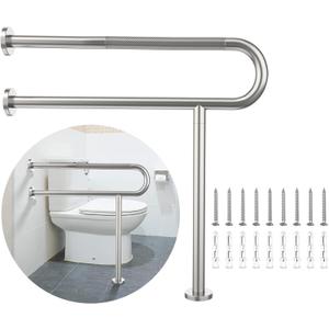 Toilet Support Rail 31.3X 31.5 Inch, Munzong Anti-Slip Satin Brushed Nickel Handicap Grab Bar for Bathroom, Stainless Steel Knurled Safety handrails with Leg for Elderly Disabled Pregnant-1.25Tube