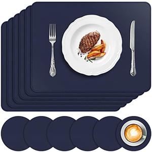 APLKER Vinyl Placemats Set of 6, Waterproof Faux Leather Heat Resistant Kitchen Place Mats, Wipeable Dining Table Place Mats and Coasters for Kitchen, Dining, Decor, Outdoor (Navy Blue)