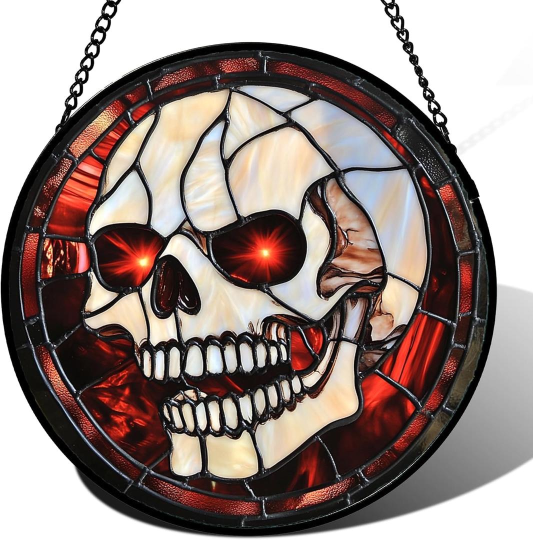 Stained Glass Window Hanging - Halloween Decorations White Skeleton Suncatcher for Doors Garden Indoor Spooky Funny Red Sun Catchers Gothic Decor Horror Gifts for Women Men Friend 6.3 in (Orange and Red)