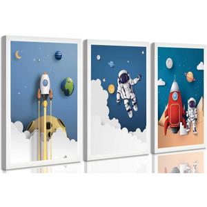 3 Pcs Space Nursery Canvas Wall Art Whimsical Outer Space Astronauts Rocket Kid Painting Pictures Wall Decor Poster Print Artwork for Boys Room Kids Room Decoration Unframed