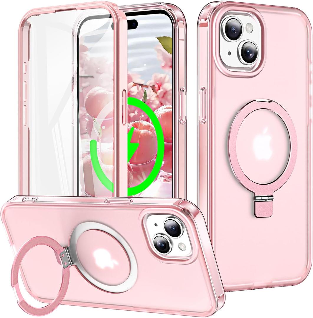 for iPhone 15 Plus Full Body Shockproof Case with Magnetic Invisible Stand [Compatible with MagSafe] Built-in Screen Protector Military Drop Protection Translucent Phone Cover -Pink