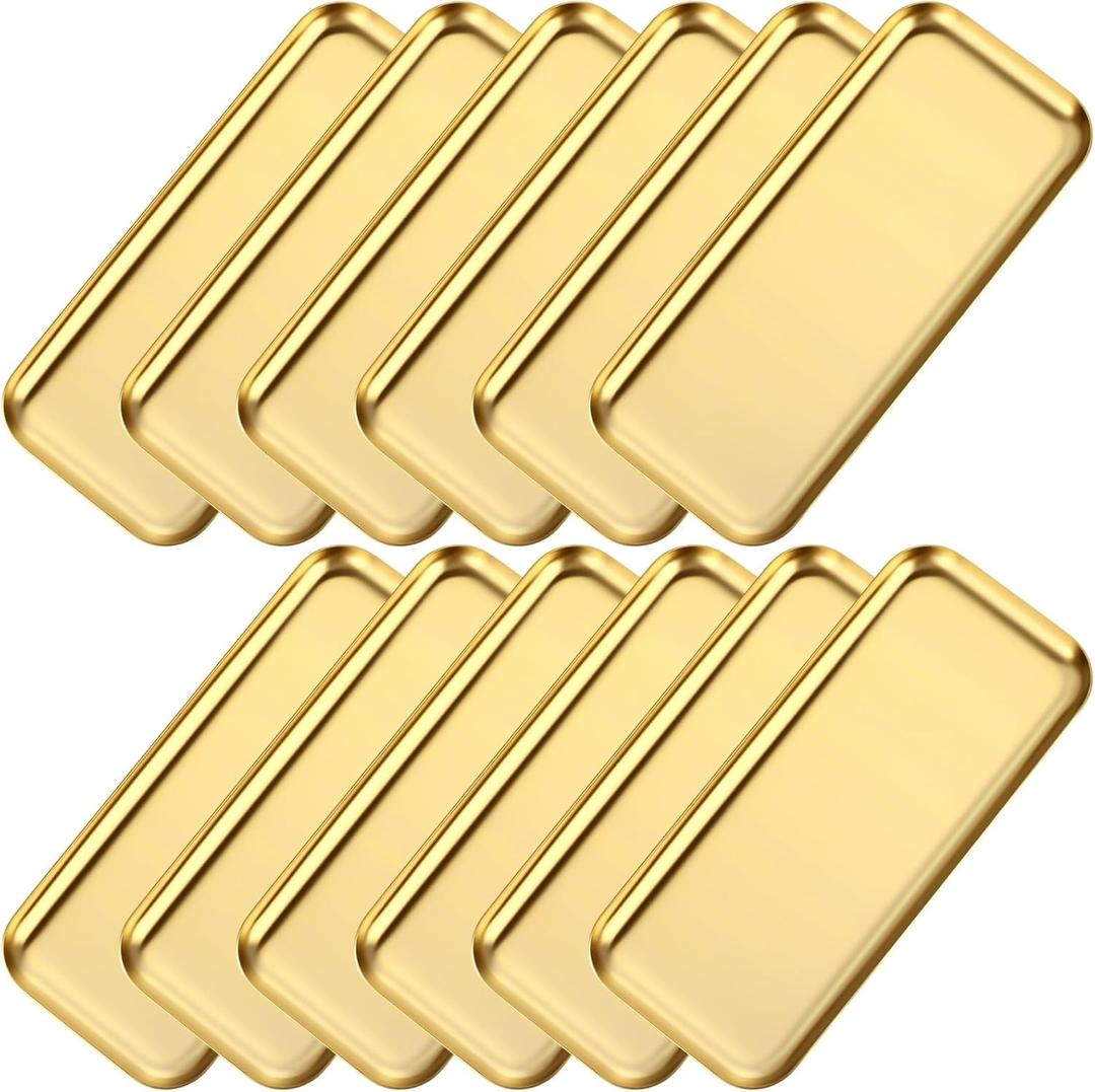 Vesici 12 Pcs 7.87 x 3.35 inches Small Gold Tray Bulk, Stainless Steel Rectangle Serving Trays Trinket Decorative Bathroom Tray for Vanity Jewelry Makeup Towel, Dish Plate Tea Fruit Storage Platter (Glod)