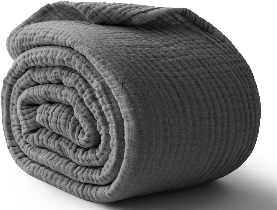 100% Cotton Muslin Blanket Large 50" x 70", Breathable and Lightweight Cotton Throw Blanket for Bed and Couch, Soft Cooling Summer Gauze Blanket for Adults All Season, Dark Grey
