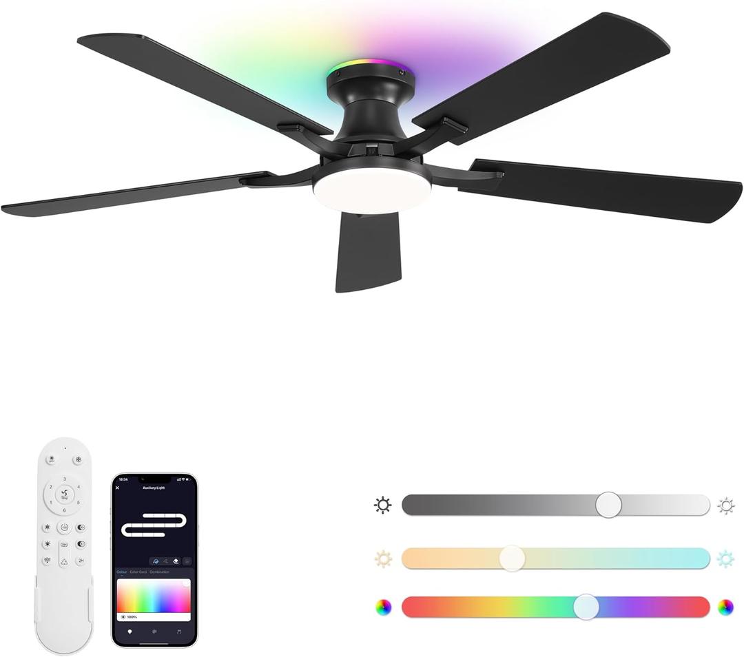 ZMISHIBO 52 Inch Ceiling Fans with RGB Lights, Low Profile Flush Mount Ceiling Fan with App&Remote Control, Dimmable 20W LED Light, Black Modern Fan for Living Room, Bedroom, Game Room