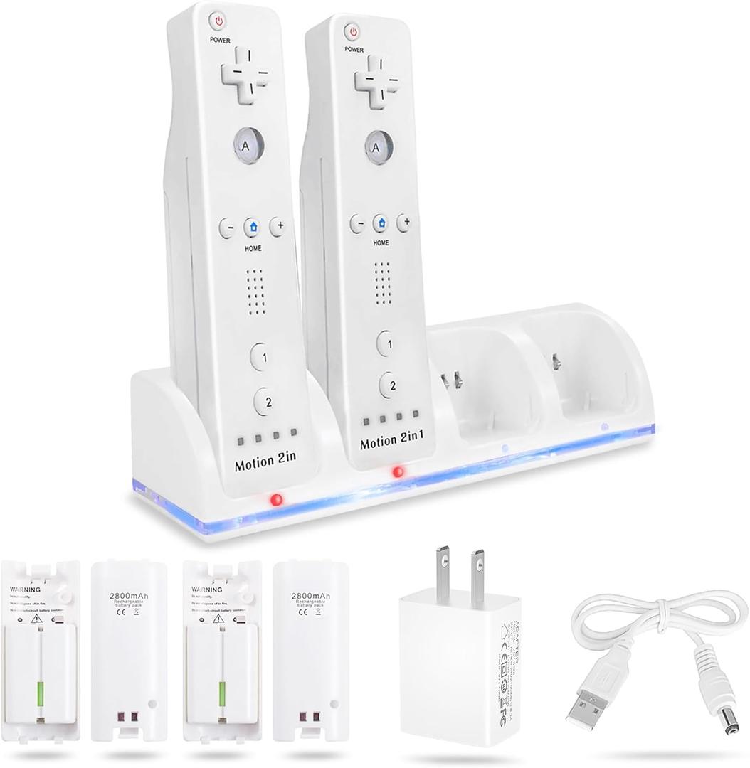 4-in-1 Charging Station for Wii&Wii U Remote Controller,Charger with 4 Rechargeable Battery Packs (4 Port Charging Station+4 pcs 2800mAh Replacement Batteries+USB Cable),Remote Not Included
