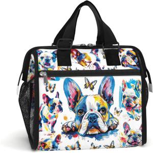 84hoods Insulated Lunch Bag for Women. Gift for Frenchie Lovers. Large Lunch Box for Work Office Travel Picnic with Adjustable Strap. Colorful Ink.