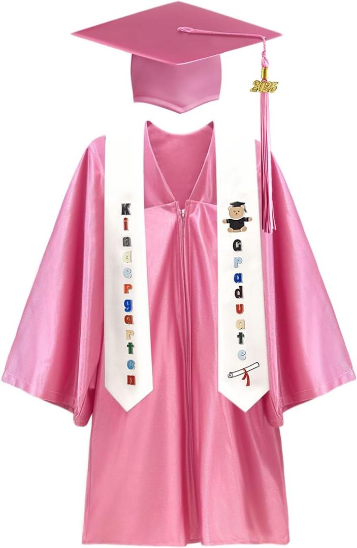 Kids Graduation Cap and Gown Set 2025 -Preschool Graduation Cap with Printed Stole Grad Gift (Pink)