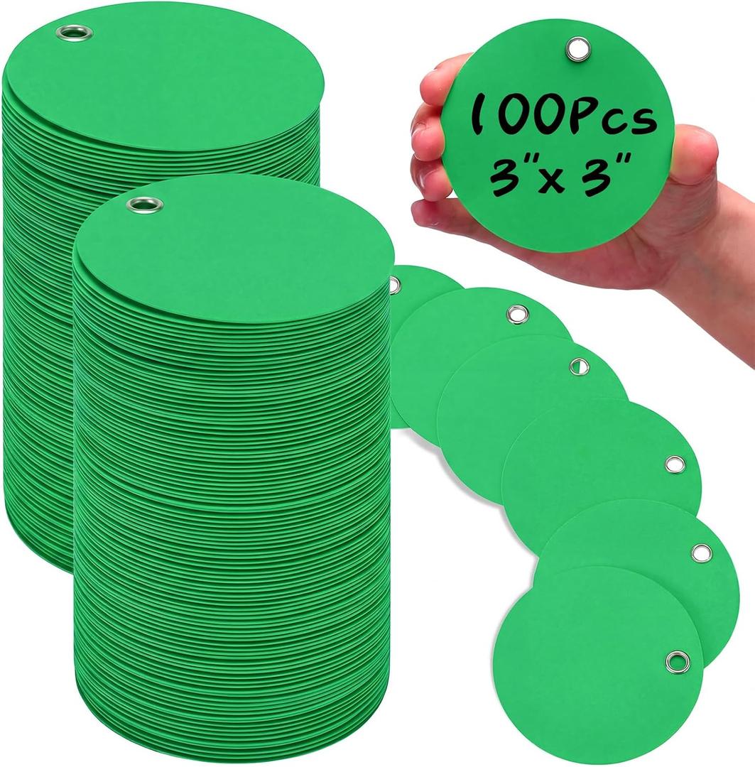Maitys 100 Pcs Round Plastic Hang Tags, 3 Inch, Green, 3 inch diameter, 0.9 mm thickness