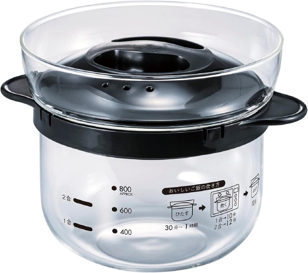 HARIO XRCN-2-B Glass Microwave Rice Pot, 1 to 2 Cups, For Microwaves, Black, 1 to 2 Cups, Made in Japan
