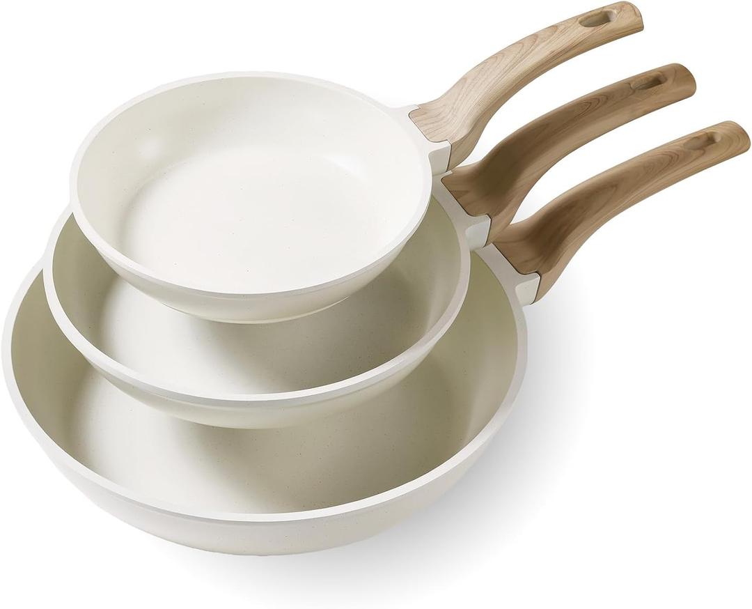 CAROTE 3Pcs Cream White Non Stick Skillet Set, Cream White, 8"+10"+12"