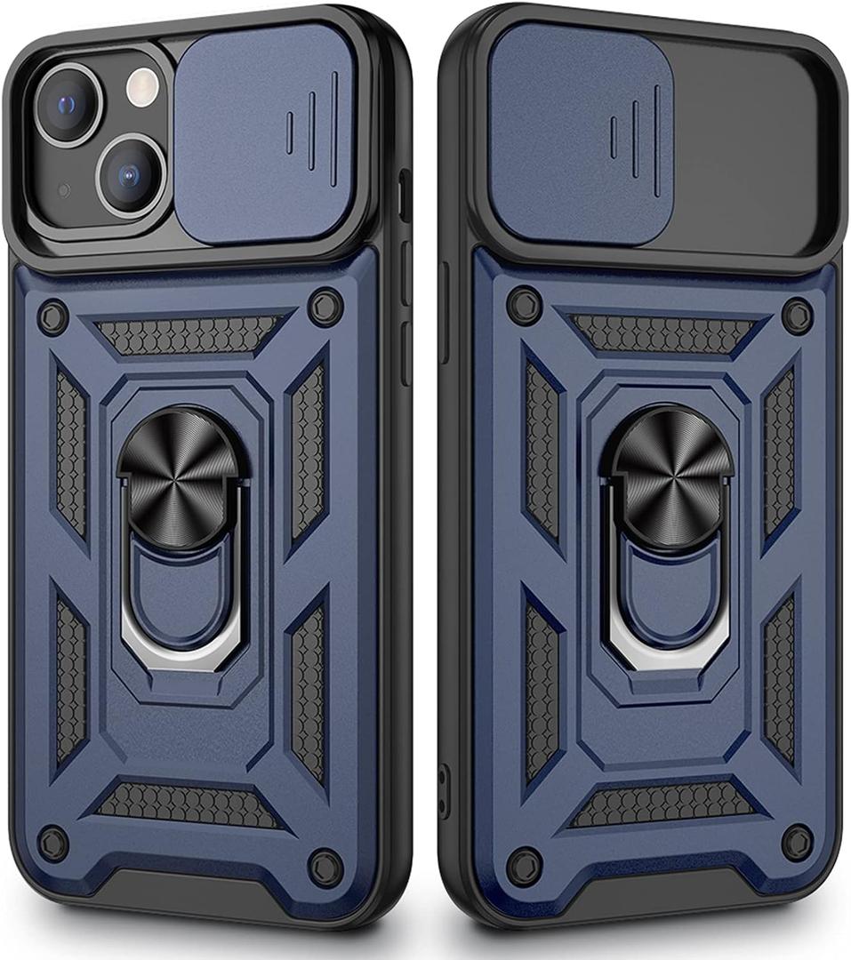 VEGO Compatible with iPhone 13 with Slide Camera Cover & Kickstand, Built-in 360 Rotate Ring Stand Magnetic Cover Case for iPhone 13 6.1 inch 2021 - Blue