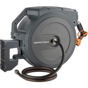 Giraffe Tools Retractable Garden Hose Reel, 5/8" x 90 ft Pro Wall Mounted Hose Reels with 180° Metal Bracket, Any Length Lock Hose Reel with 9- Function Sprayer Nozzle