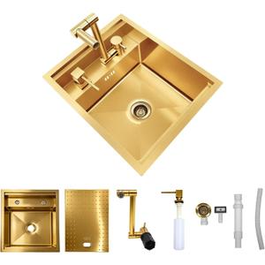 Gold Bar Sink, Single Bowl RV Kitchen Sink with Foldable Faucet | Portable 17.32 x 12.59 x 7.87 Inch Nano-Gold Stainless Steel Sink Kit with Soap Dispenser for Camper, Outdoor Bar, 17.3214.177.87 Inch