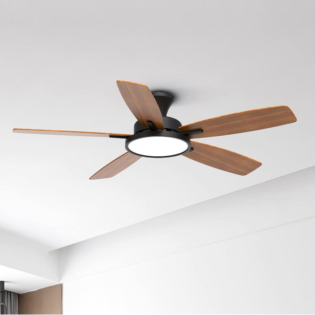 TALOYA 52 inch Ceiling Fans with Lights and Remote, Low Profile Ceiling Fan with Light, Flush Mount, Reversible, 3CCT, Dimmable, Ultra Quiet Black Ceiling Fan for Bedroom Living Room Indoor Outdoor