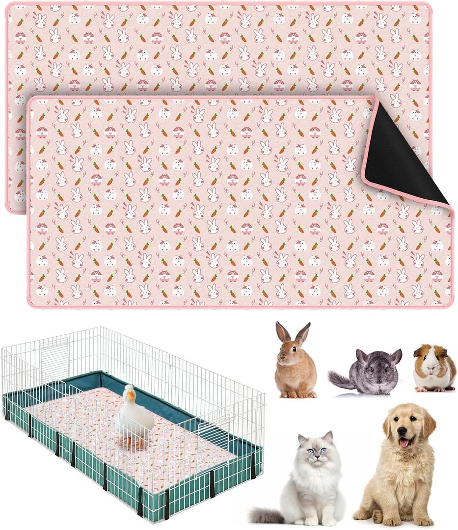 Bissap 2 Packs Guinea Pig Cage Liners, 47''X24'' Washable Guinea Pig Pee Pads Non Slip Reusable Fast and Super Absorbent Bedding for Small Animals Rabbit Hamster Chinchillas Rat - Pink
