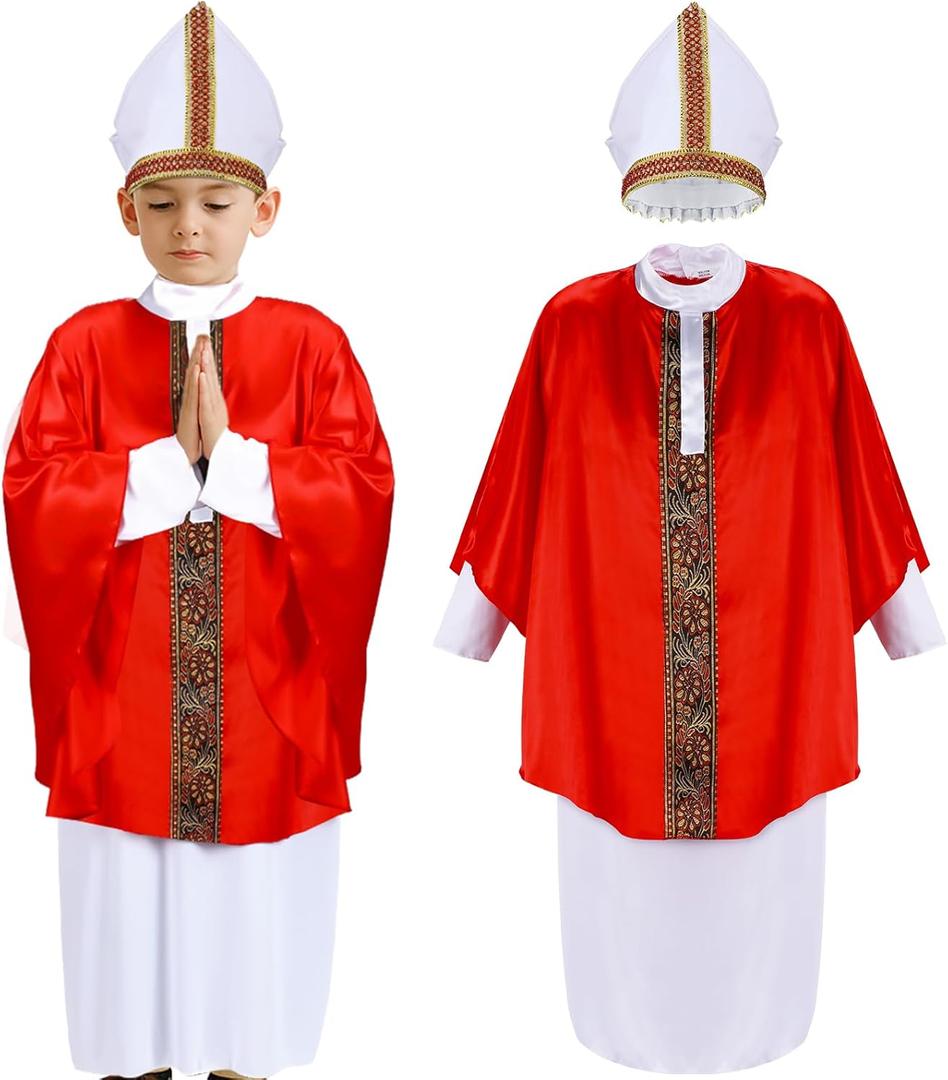 Halloween Pope Costume for Kids Priest Halloween Costumes Pope Costume Set Biblical Catholic Cardinal Bishop (Medium)