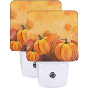 Pumpkins Maple Leaf Thanksgiving Night Light Set of 2, Fall Sunflowers Auto Sensor LED Dusk-to-Dawn Nightlights, Plug-in Sensor Lamp for Bedroom Bathroom Decorative