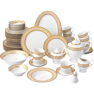 57-Piece Bone China Dinnerware Set, Service for 8, White and Golden Greek Key
