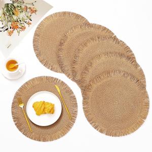 IcosaMro Light Brown Round Placemats Set of 6 for Dining Table, 15 Inch Khaki Paper Woven Boho Decorative Circle Place Mat for Wedding Christmas Thanksgiving Day Holiday Dinner