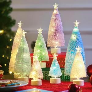 JOYIN 8 Pcs Small Xmas Trees with LED Lights, Flocked Miniature Christmas Tree in 4 Sizes, Mini Tabletop Artificial Pine Tree with Snow with Star Topper for Indoor Decor Holiday Festive Gifts (Pastel)