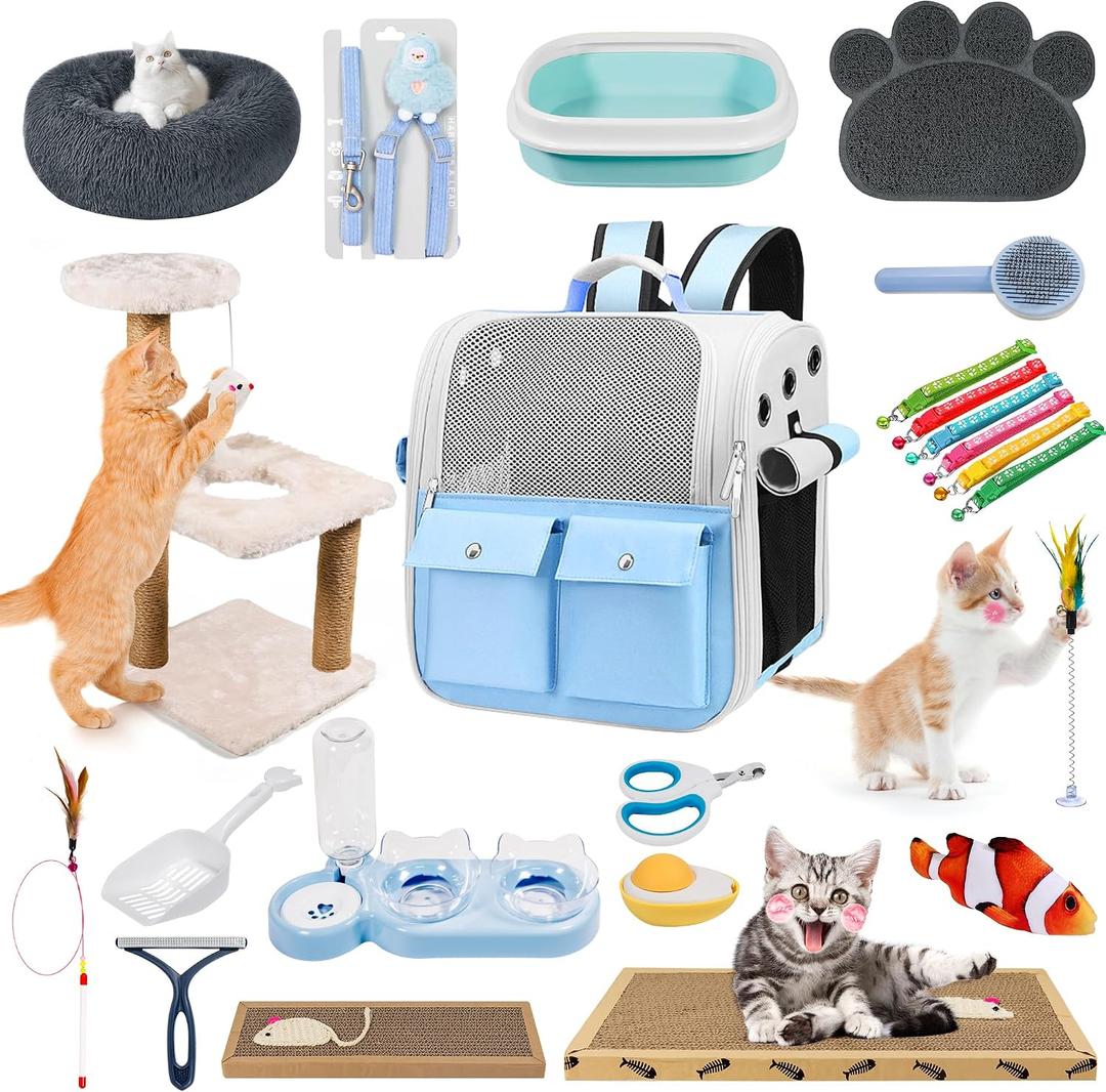 Kitten Starter Supplies Starter Kit, 20 pcs of Essentials, Including Bed, Carrier, Litter Mat, Box, Collar, Bowls and More, Perfect for New Cat Owner - Blue