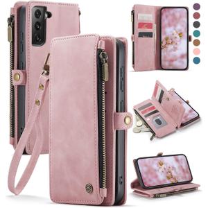 Defencase Compatible with Galaxy S21 FE 5G Case Wallet with RFID Blocking Card Holder for Women Men, PU Leather Magnetic Snap Flip Zipper Strap Phone Case Fit for Samsung Galaxy S21 FE 5G, Rose Pink