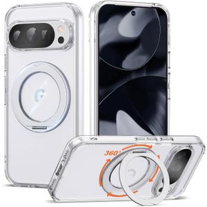 UGENINO Compatible with Google Pixel 9/Pixel 9 Pro Case with 360 Magnetic Ring Stand [Compatible with Mag-Safe] Shockproof Phone Case for Google Pixel 9/Pixel 9 Pro 6.3", Clear