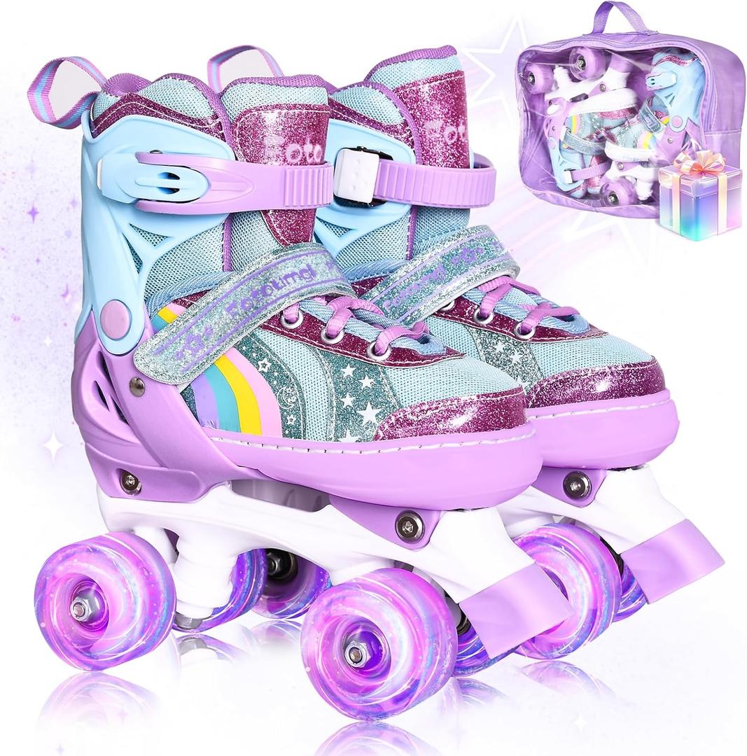 Rainbow Toddler Roller Skates - Size 4 Adjustable | Light Up Quad Skates for Girls & Boys Beginners Aged 3-12 (Small- 11C-1)