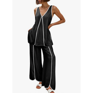 Cicy Bell Womens Summer Lounge Sets V Neck Sleeveless Tunic Tops Pajamas Sets Comfy Loungwear Wide Leg Pants 2 Piece Outfits. Size M